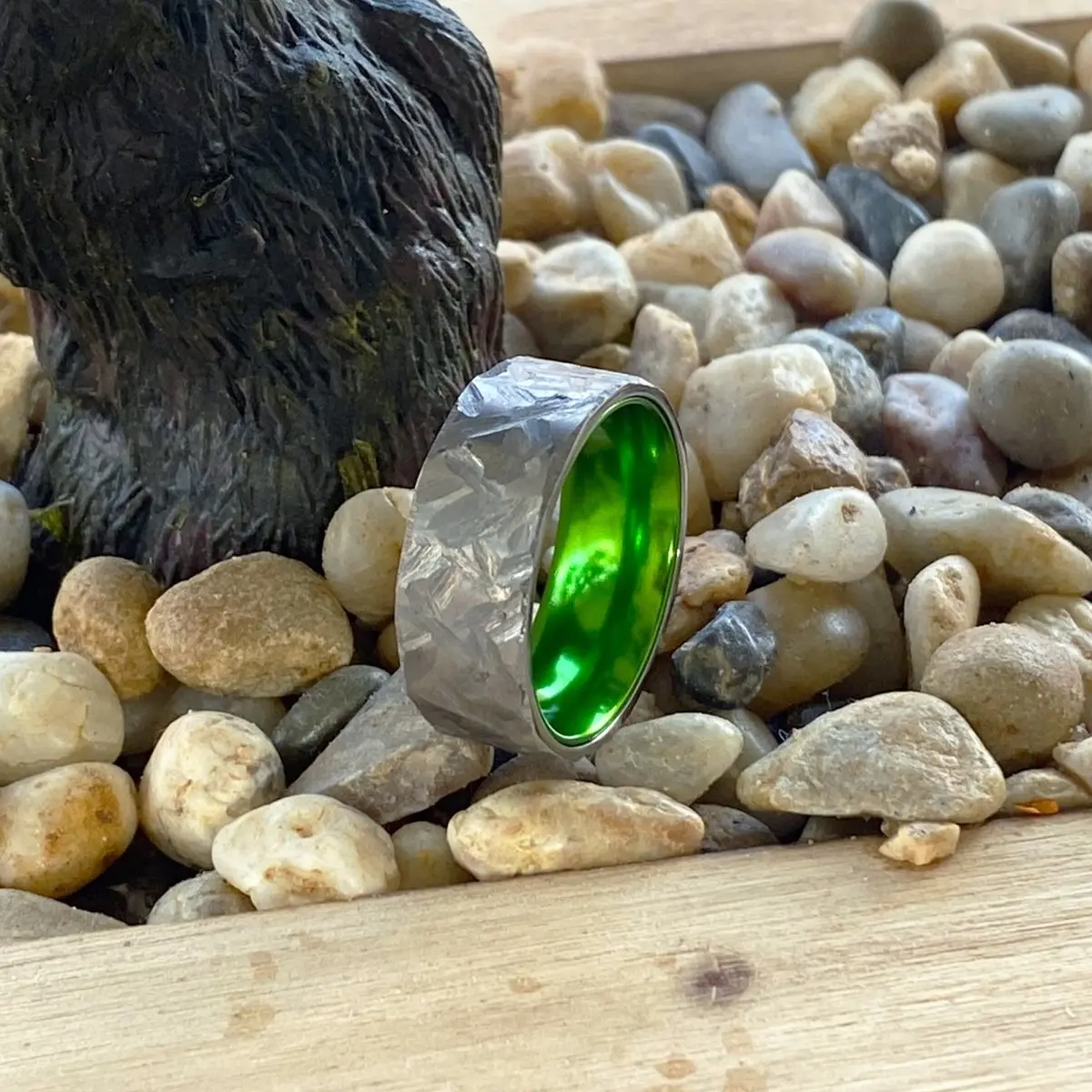 Hornet | Green Ring, Silver Titanium Ring, Hammered, Flat 5