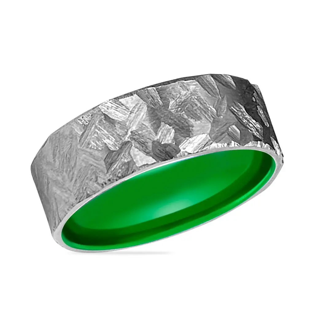 Hornet | Green Ring, Silver Titanium Ring, Hammered, Flat 2