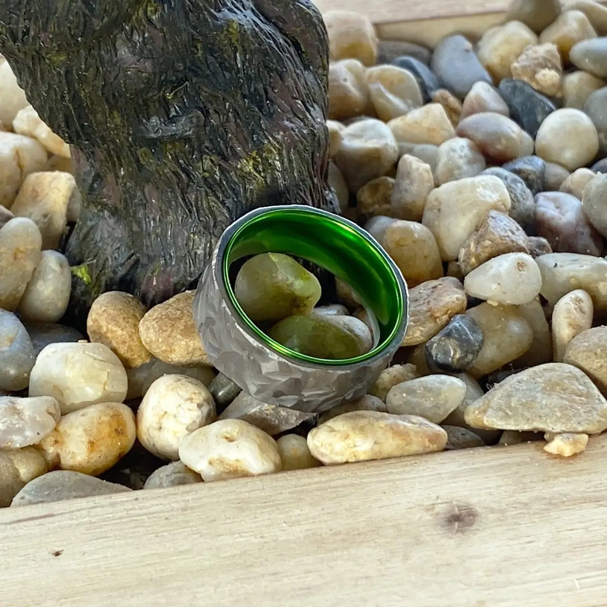 Hornet | Green Ring, Silver Titanium Ring, Hammered, Flat 6