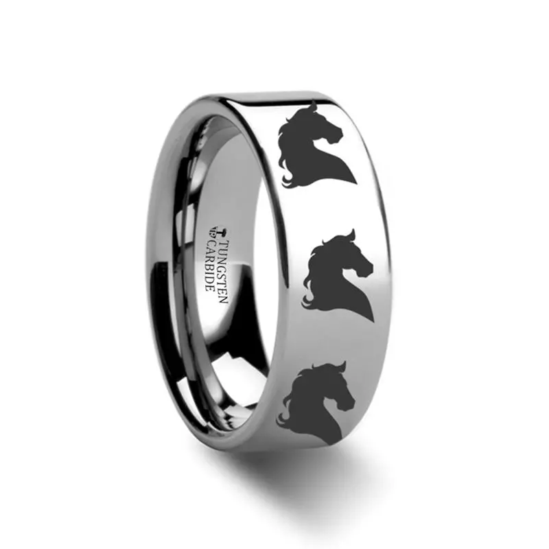 Horse Head Print Laser Engraved Flat Polished Tungsten Couple Matching Ring - 4Mm - 12Mm 1