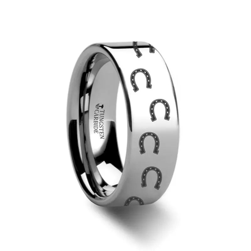 Horse Shoe Print Laser Engraved Flat Polished Tungsten Wedding Ring For Men And Women - 4Mm - 12Mm 1
