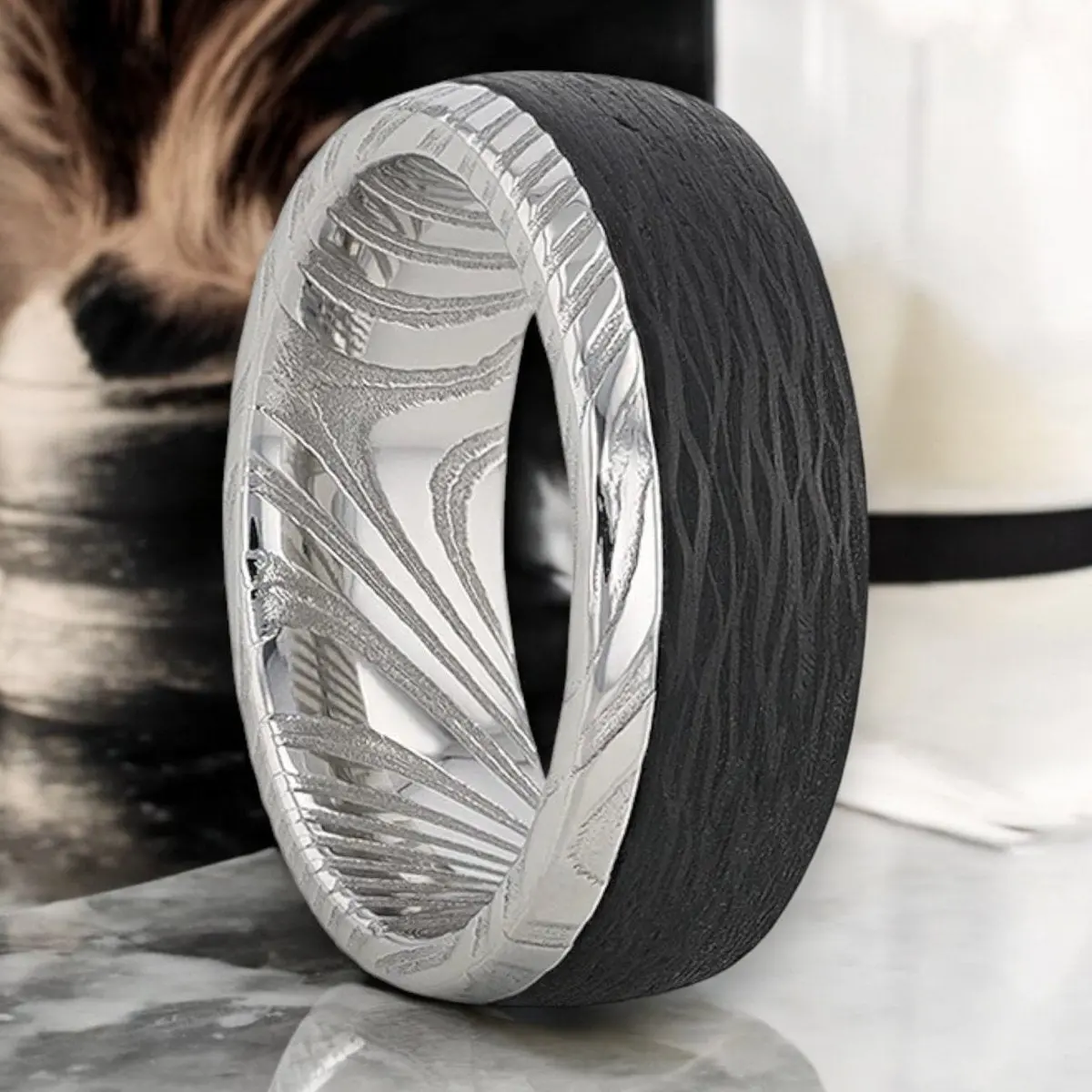 Hudson | Silver Damascus Steel Ring, Carbon Fiber Inlay 1