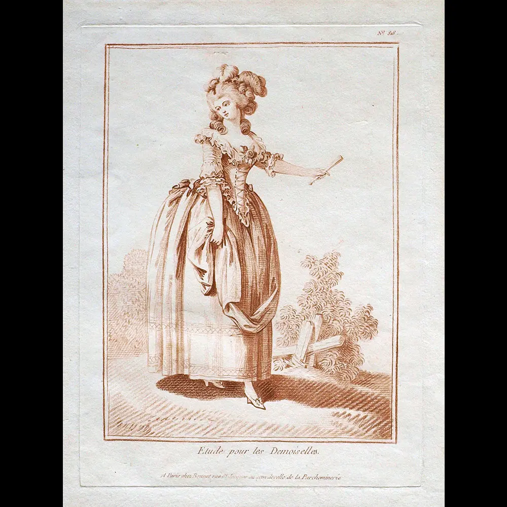Elégante Se Promenant, Gravure De Mode De La Suite Etude Pour Les Demoiselles D'après Jean-Baptiste Huet (1783) 1