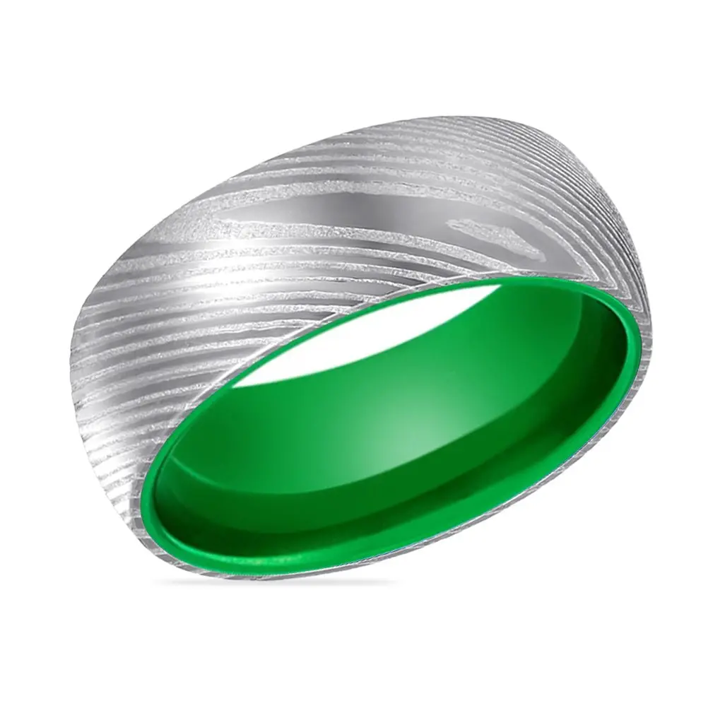 Hulk | Green Ring, Silver Damascus Steel, Domed 2