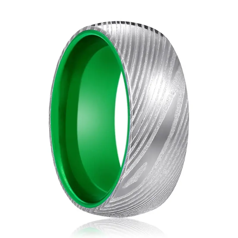Hulk | Green Ring, Silver Damascus Steel, Domed 1