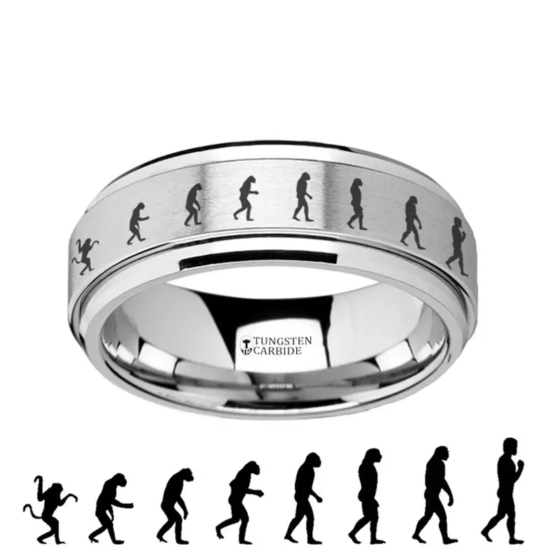 Human Evolution Engraved Spinning Tungsten Carbide Everyday Ring For Men With Bevels - 8Mm 1
