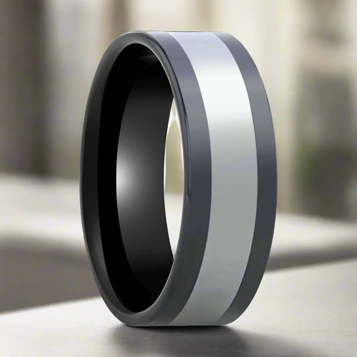 Huskey | Black Ceramic, Tungsten Inlay, High Polished, Flat 5
