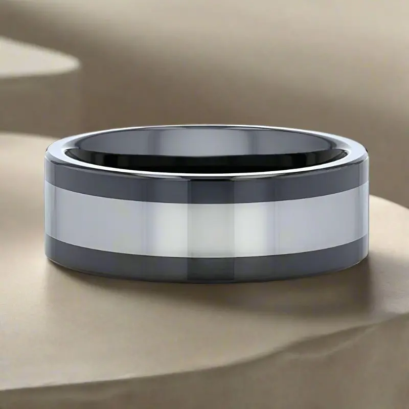 Huskey | Black Ceramic, Tungsten Inlay, High Polished, Flat 6
