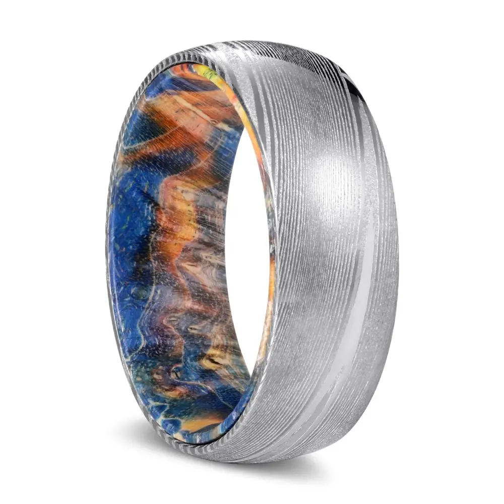 Hyde | Blue & Yellow/Orange Wood, Silver Damascus Steel, Domed 1