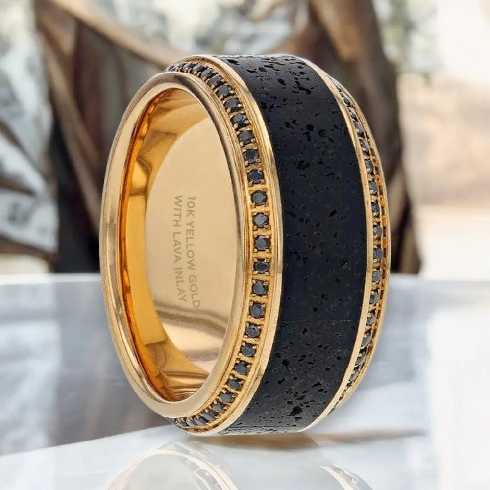 Hyperion | 10K Yellow Gold Wedding Band, Lava Inlay & Black Diamonds 1