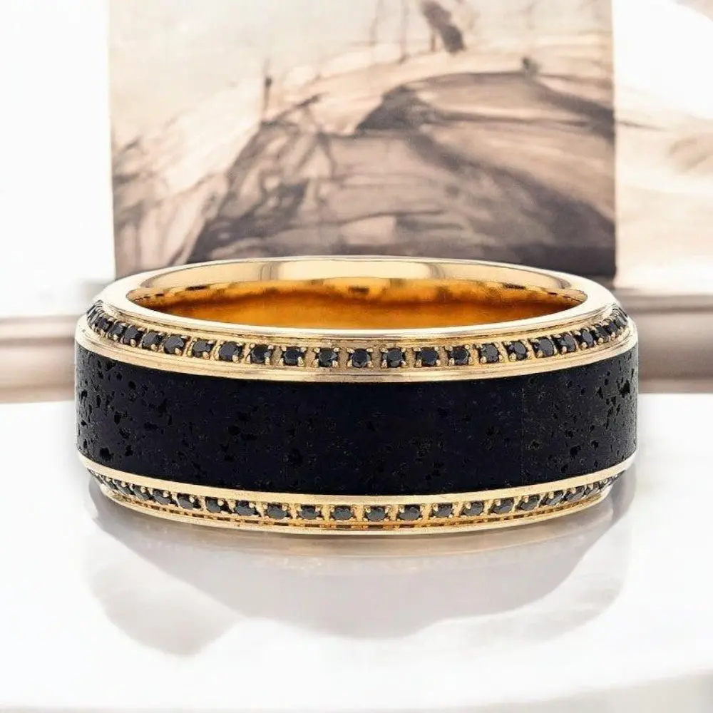Hyperion | 10K Yellow Gold Wedding Band, Lava Inlay & Black Diamonds 4