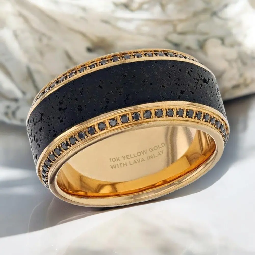 Hyperion | 10K Yellow Gold Wedding Band, Lava Inlay & Black Diamonds 2