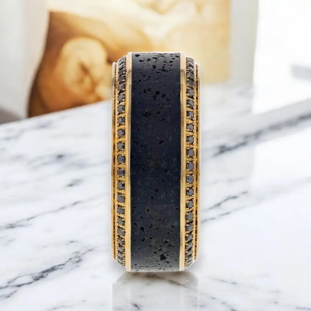Hyperion | 10K Yellow Gold Wedding Band, Lava Inlay & Black Diamonds 3