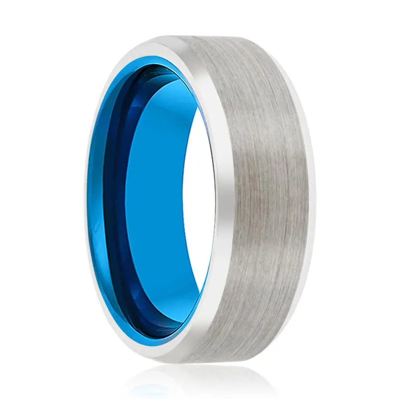 Ibiza | Blue Tungsten Ring, Silver Tungsten Ring, Brushed, Beveled 1
