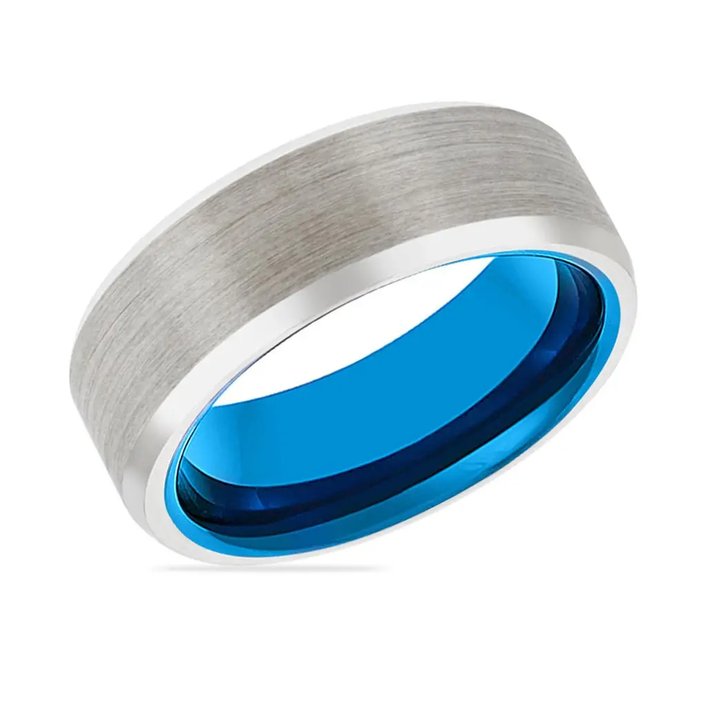 Ibiza | Blue Tungsten Ring, Silver Tungsten Ring, Brushed, Beveled 2
