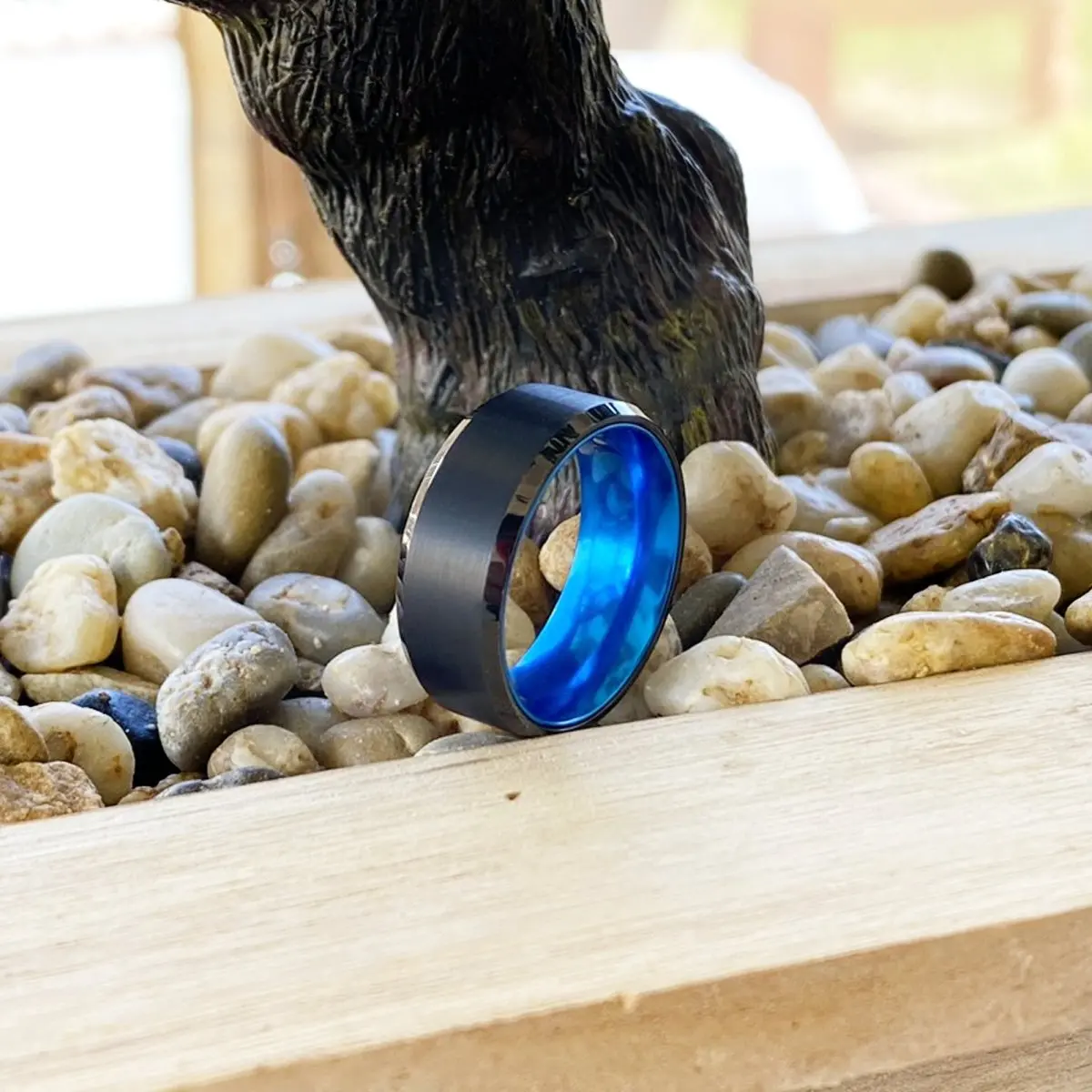 Icecube | Blue Ring, Black Tungsten Ring, Brushed, Beveled 5