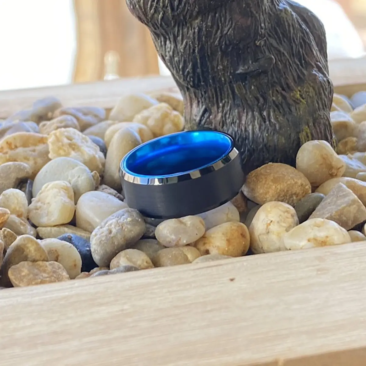 Icecube | Blue Ring, Black Tungsten Ring, Brushed, Beveled 6