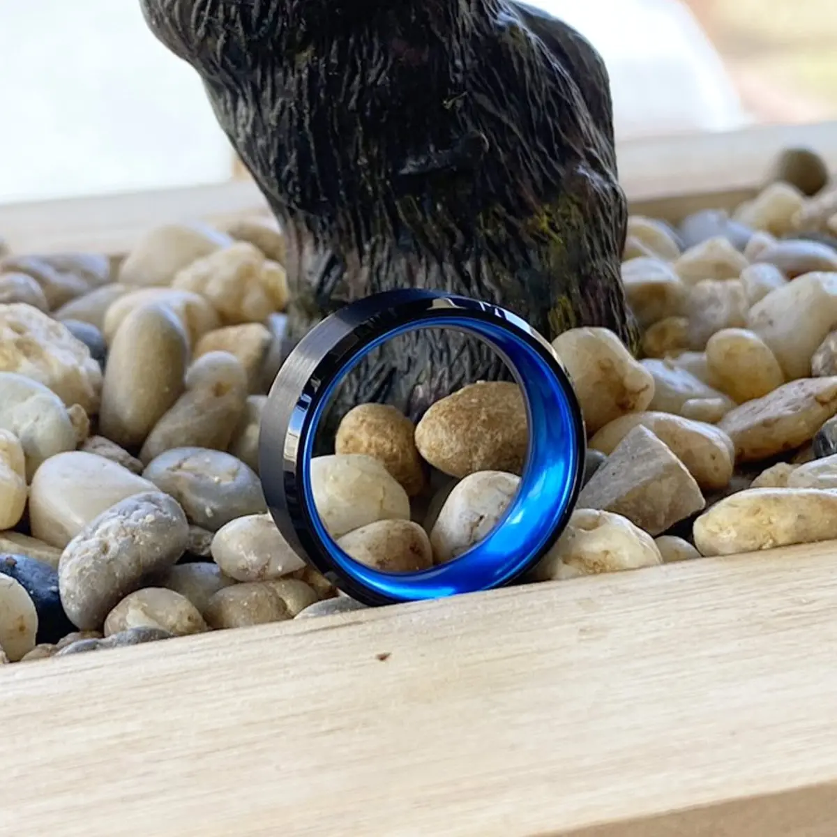 Icecube | Blue Ring, Black Tungsten Ring, Brushed, Beveled 7