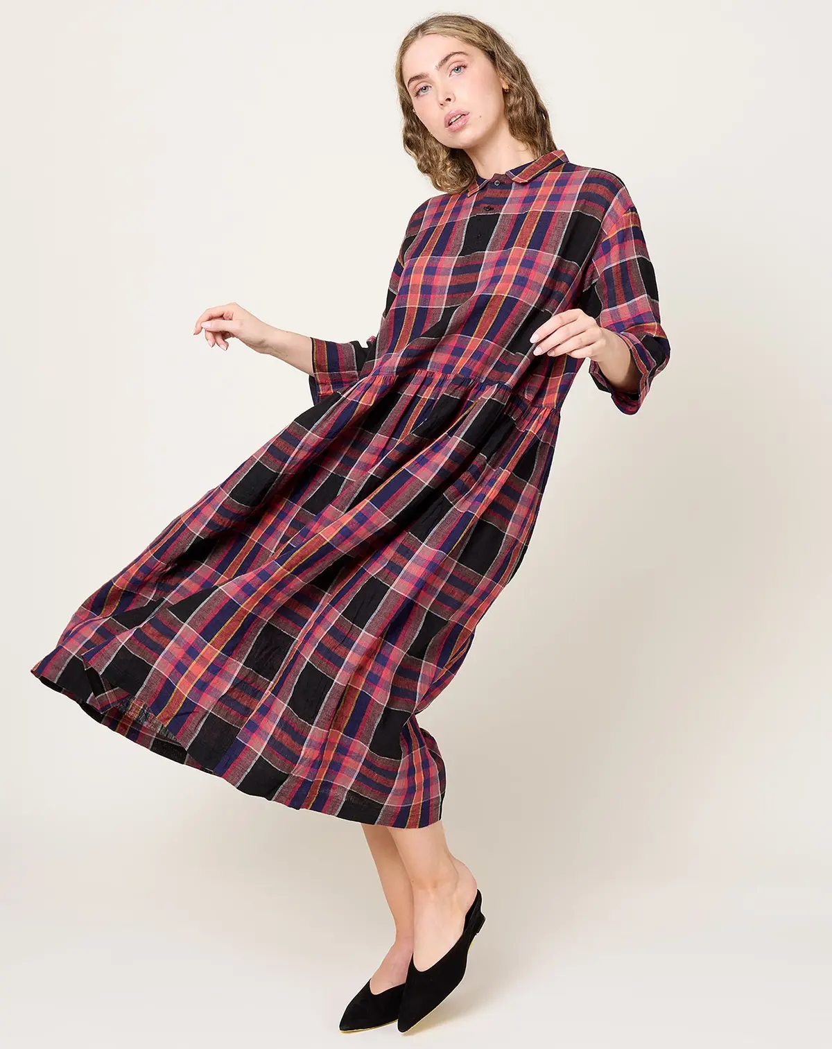 Linen Check Dress In Black 1