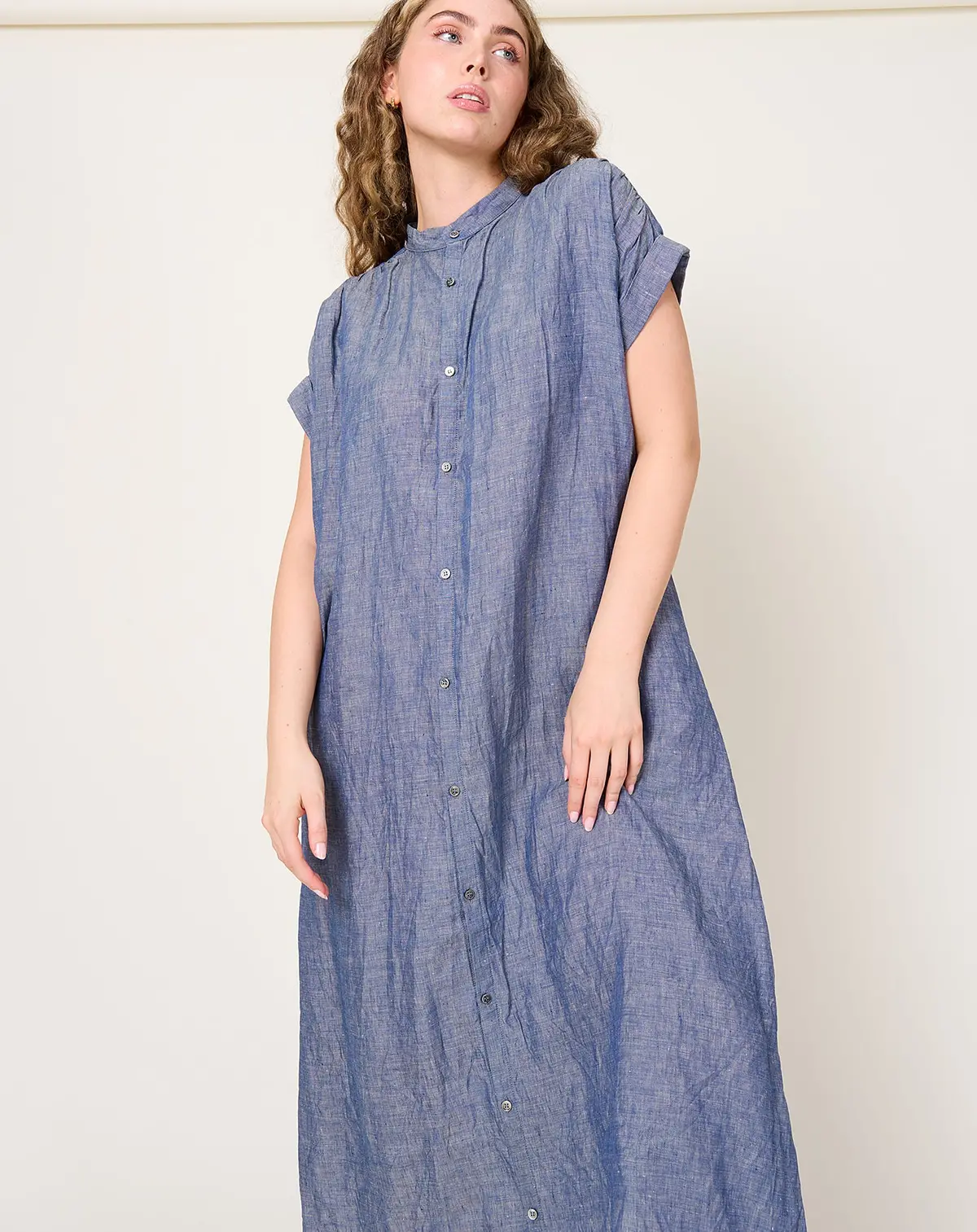 Linen Dungaree Dress In Blue 1