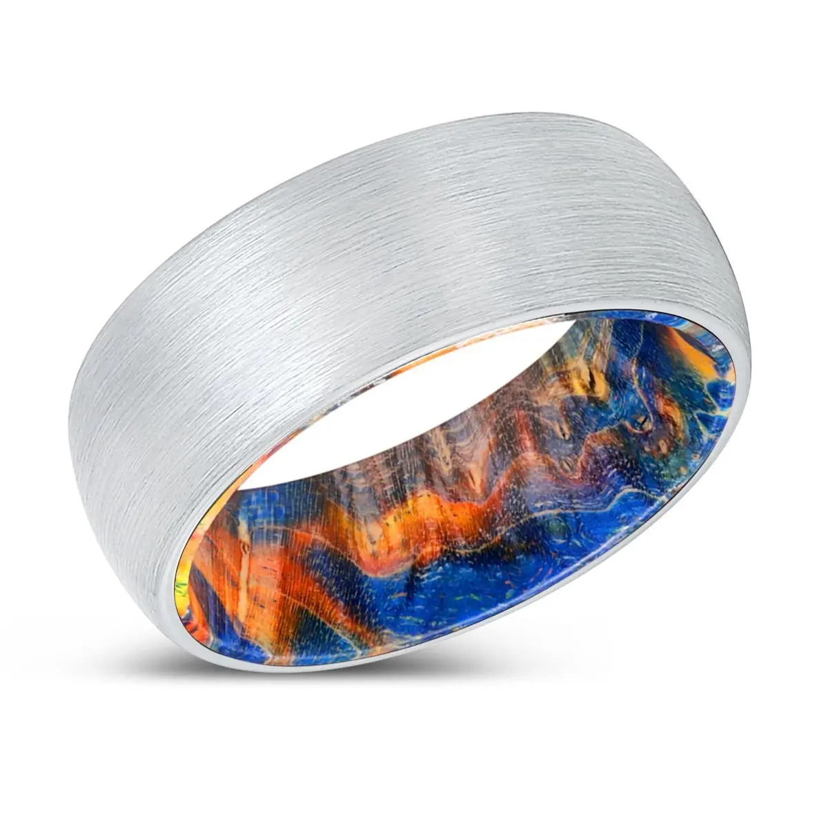 Imagination | Blue & Yellow/Orange Wood, White Tungsten Ring, Brushed, Domed 2
