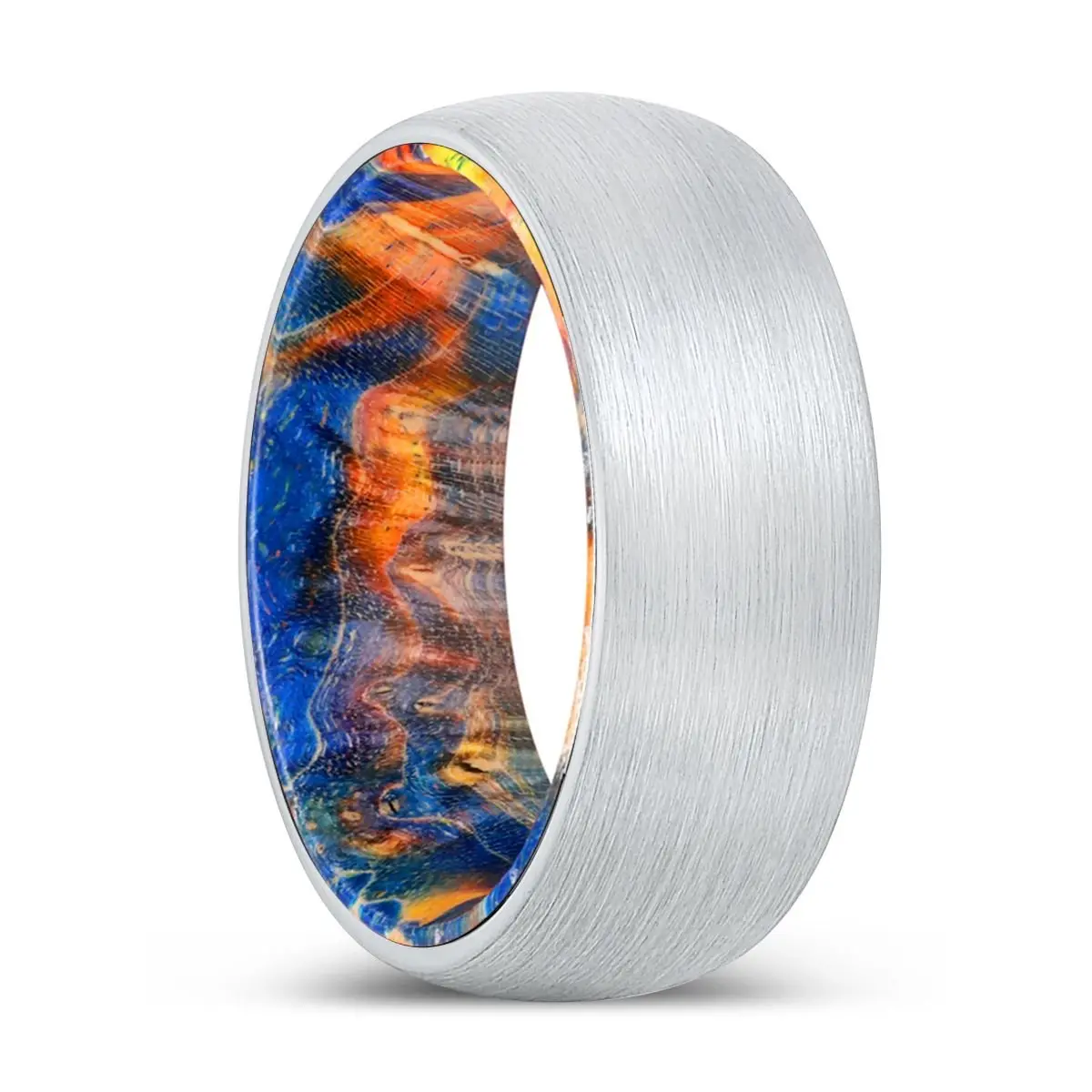 Imagination | Blue & Yellow/Orange Wood, White Tungsten Ring, Brushed, Domed 1