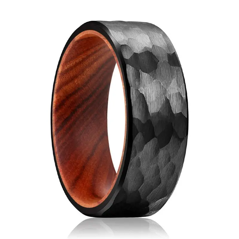 Imperial | Iron Wood, Black Tungsten Ring, Hammered, Flat 1