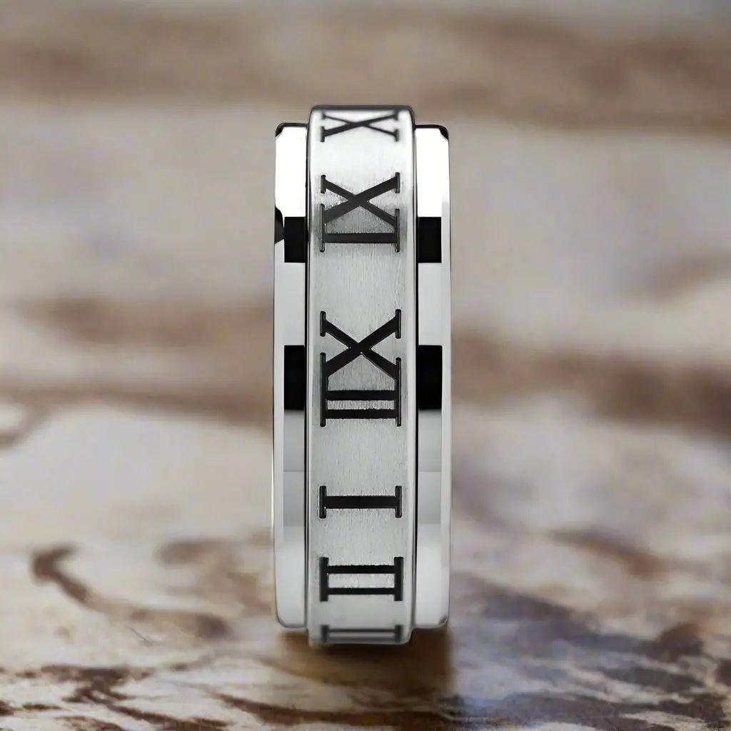 Imperius | Silver Tungsten Ring, Fidget Spinner, Roman Numerals Engraved 2