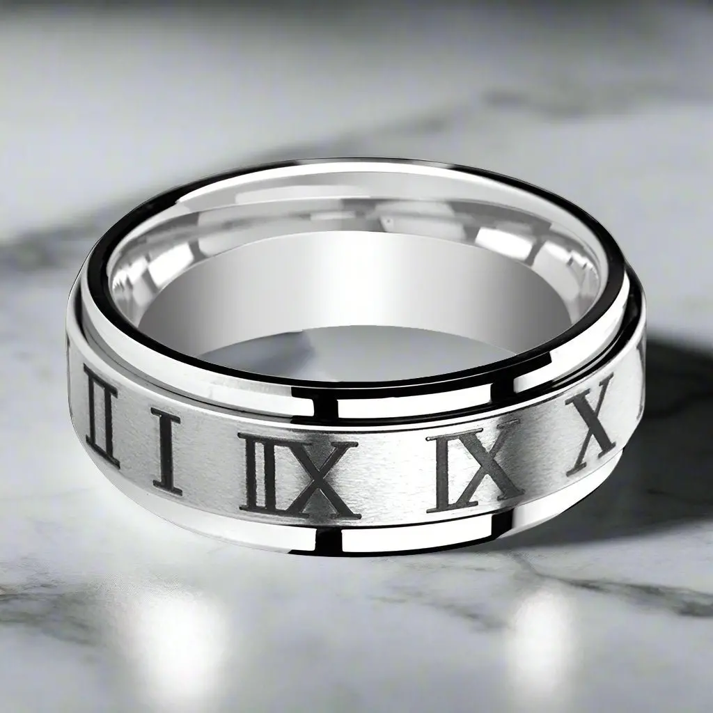 Imperius | Silver Tungsten Ring, Fidget Spinner, Roman Numerals Engraved 3