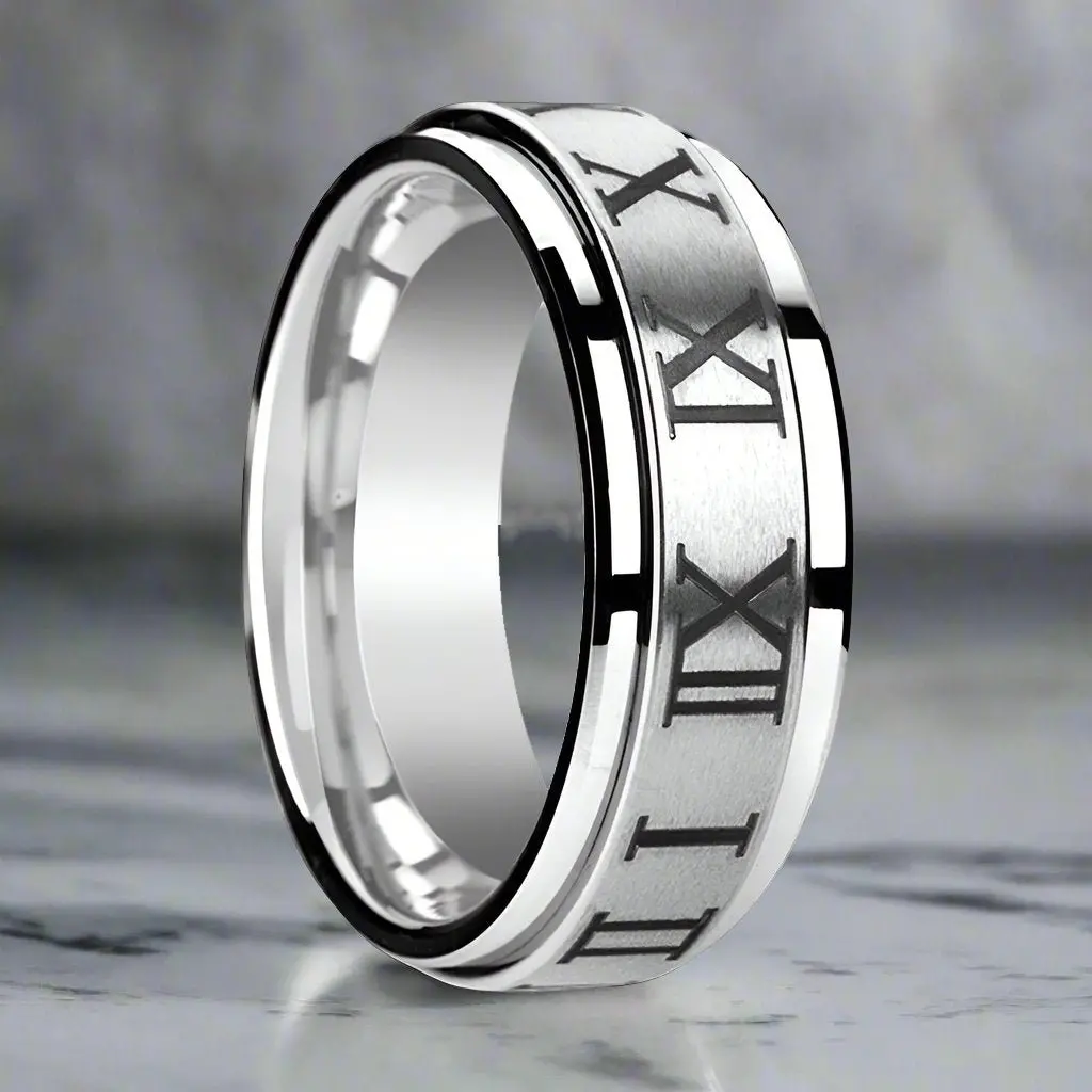 Imperius | Silver Tungsten Ring, Fidget Spinner, Roman Numerals Engraved 1