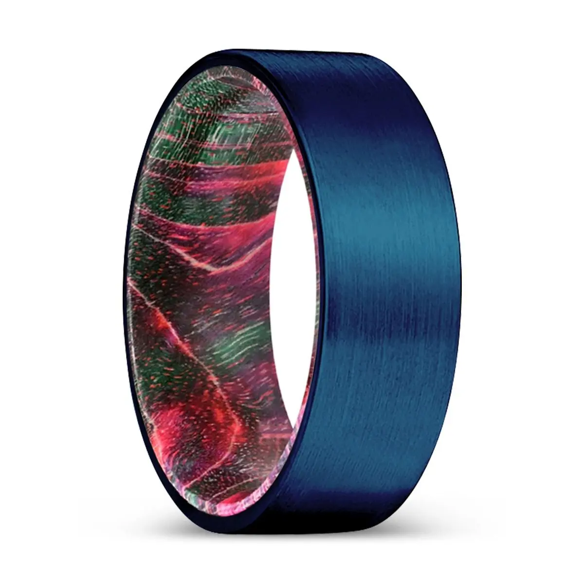 Indie | Green & Red Wood, Blue Tungsten Ring, Brushed, Flat 1