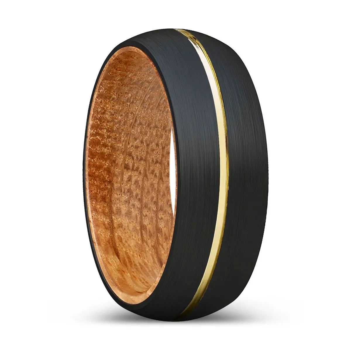 Infamous | Whiskey Barrel Wood, Black Tungsten Ring, Gold Groove, Domed 1