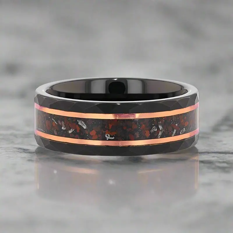 Inferno | Black Tungsten Ring, Hammered, Dinosaur & Meteorite Inlay 3