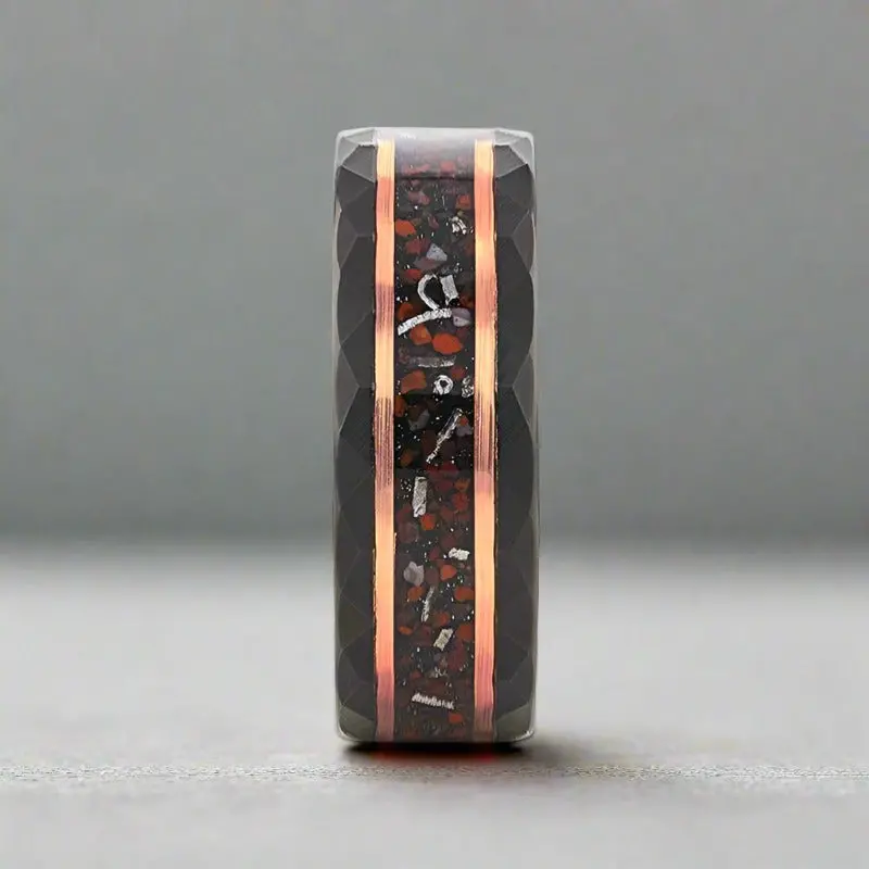 Inferno | Black Tungsten Ring, Hammered, Dinosaur & Meteorite Inlay 4
