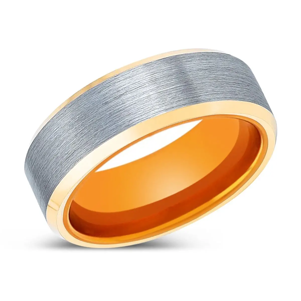 Inferno | Orange Ring, Brushed, Silver Tungsten Ring, Gold Beveled Edges 2