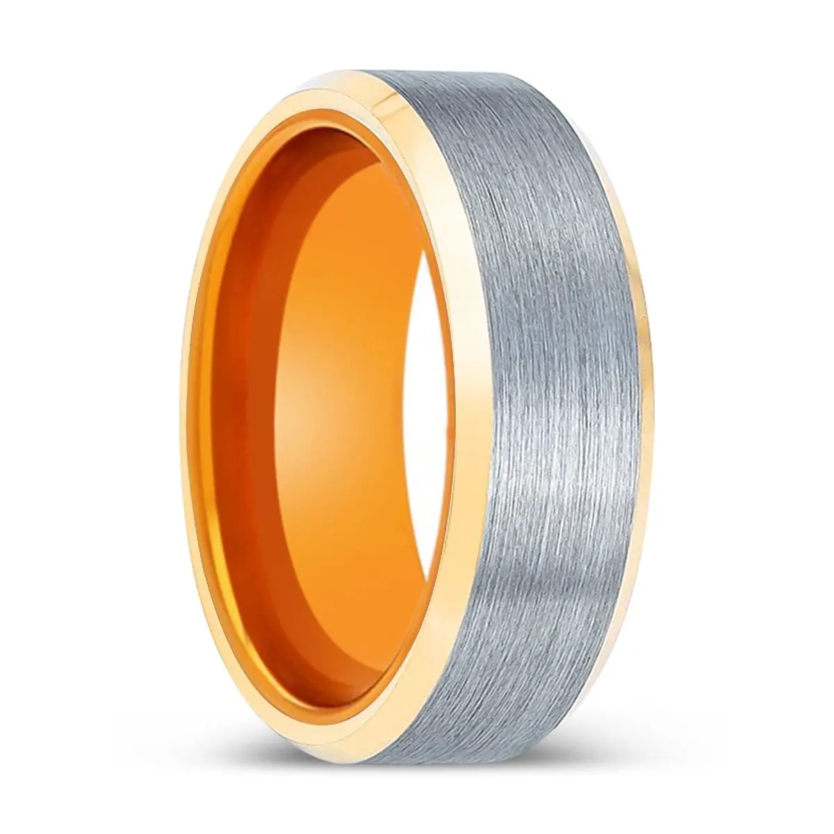 Inferno | Orange Ring, Brushed, Silver Tungsten Ring, Gold Beveled Edges 1