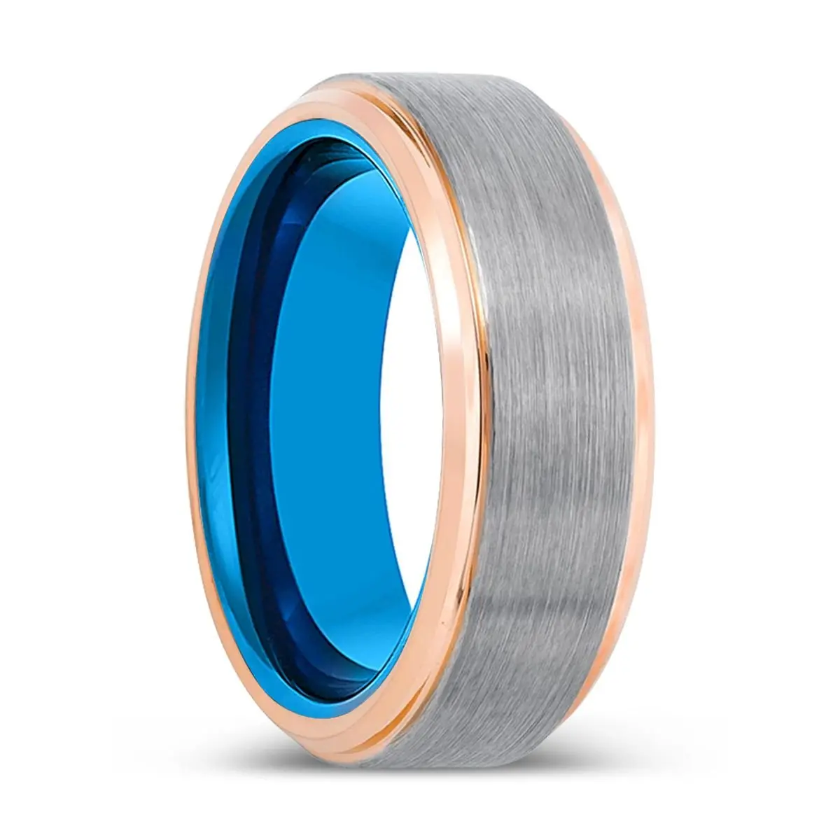 Infiltrator | Blue Tungsten Ring, Silver Tungsten Ring, Brushed, Rose Gold Stepped Edge 1