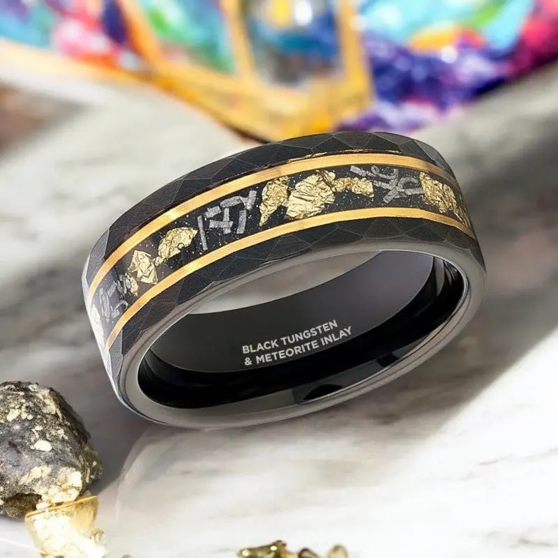 Infinia | Black Tungsten Ring, Hammered, Gold Flakes, Meteorite Inlay 2