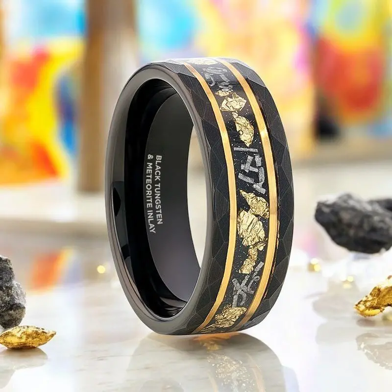 Infinia | Black Tungsten Ring, Hammered, Gold Flakes, Meteorite Inlay 1