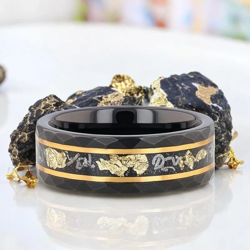 Infinia | Black Tungsten Ring, Hammered, Gold Flakes, Meteorite Inlay 3