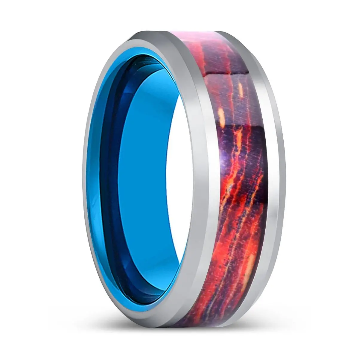 Infinith | Blue Tungsten Ring, Silver Tungsten, Galaxy Wood Inlay, Beveled 1
