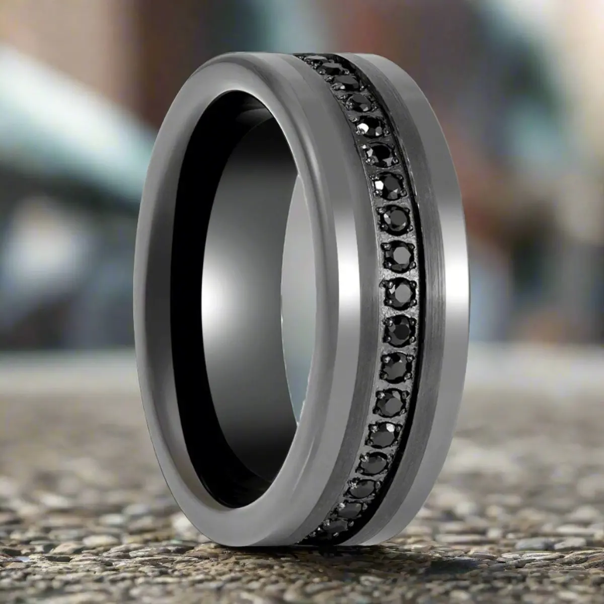 Infinitum | Gun Metal Tungsten Ring, Black Cz Eternity, Flat 1