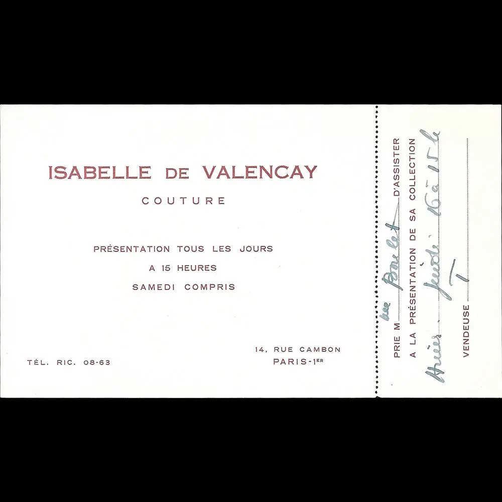 Isabelle De Valencay - Carte De La Maison De Couture, 14 Rue Cambon À Paris (1950S) 1