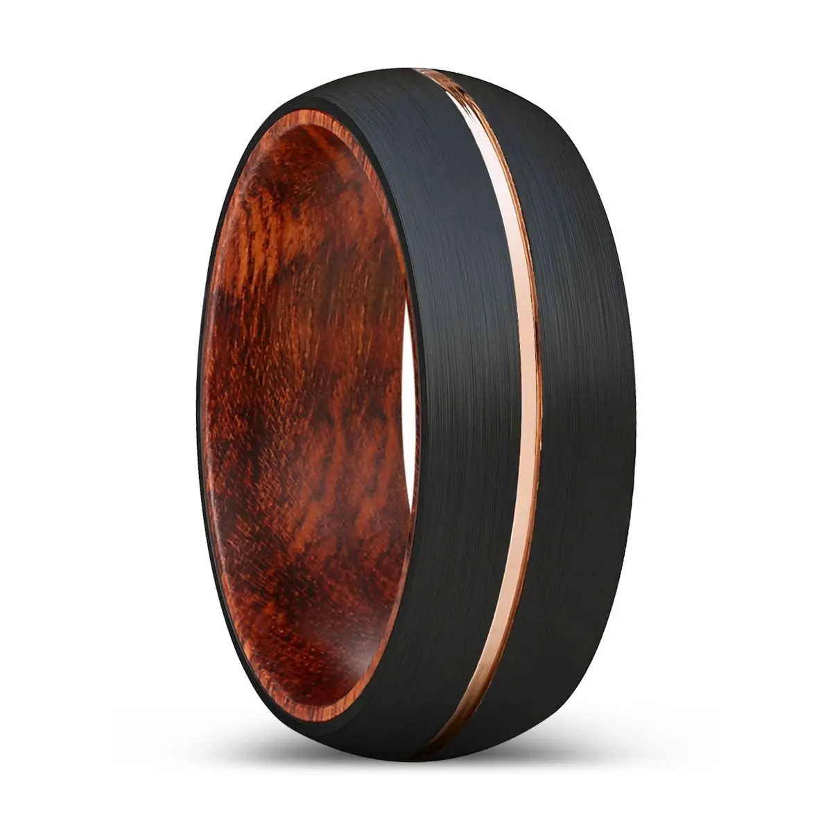 Jabba | Snake Wood, Black Tungsten Ring, Rose Gold Groove, Domed 1