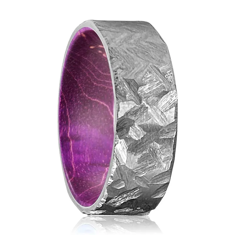 Jambali | Purple Wood, Silver Titanium Ring, Hammered, Flat 1