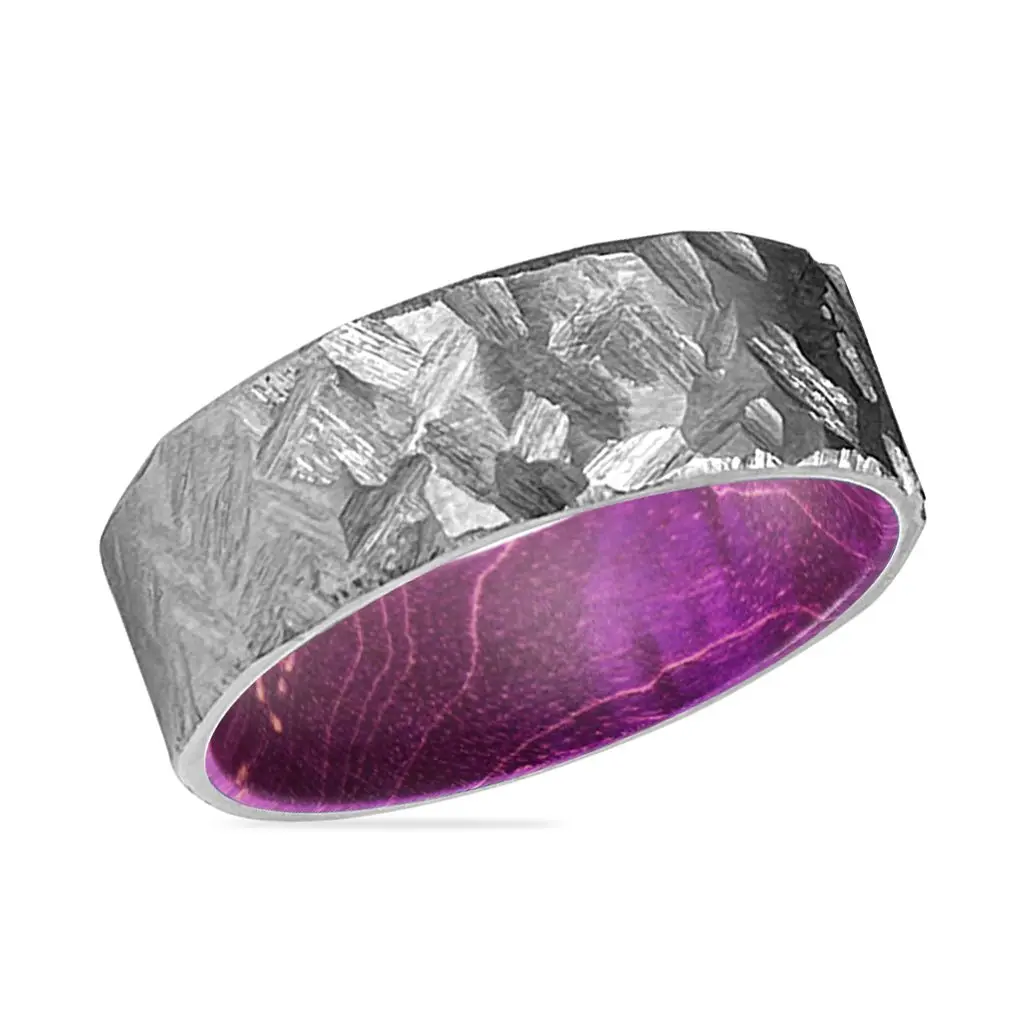 Jambali | Purple Wood, Silver Titanium Ring, Hammered, Flat 2