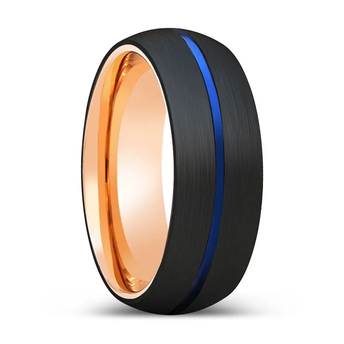 Java | Rose Gold Ring, Black Tungsten Ring, Blue Groove, Domed 1