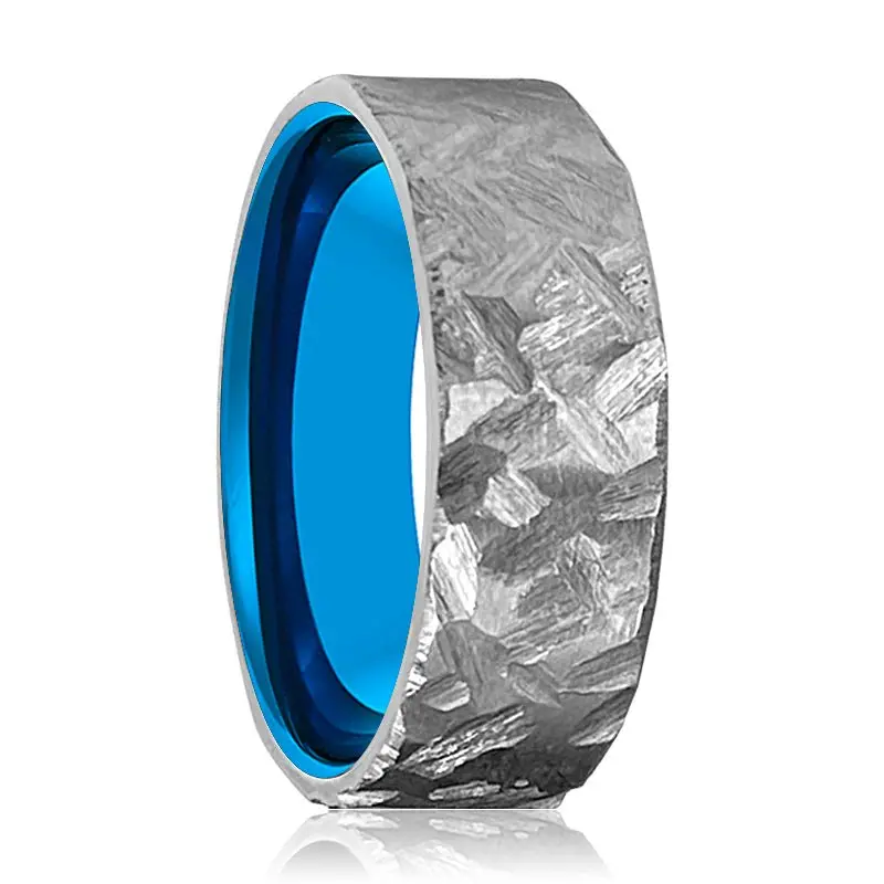 Jaws | Blue Tungsten Ring, Silver Titanium Ring, Hammered, Flat 1