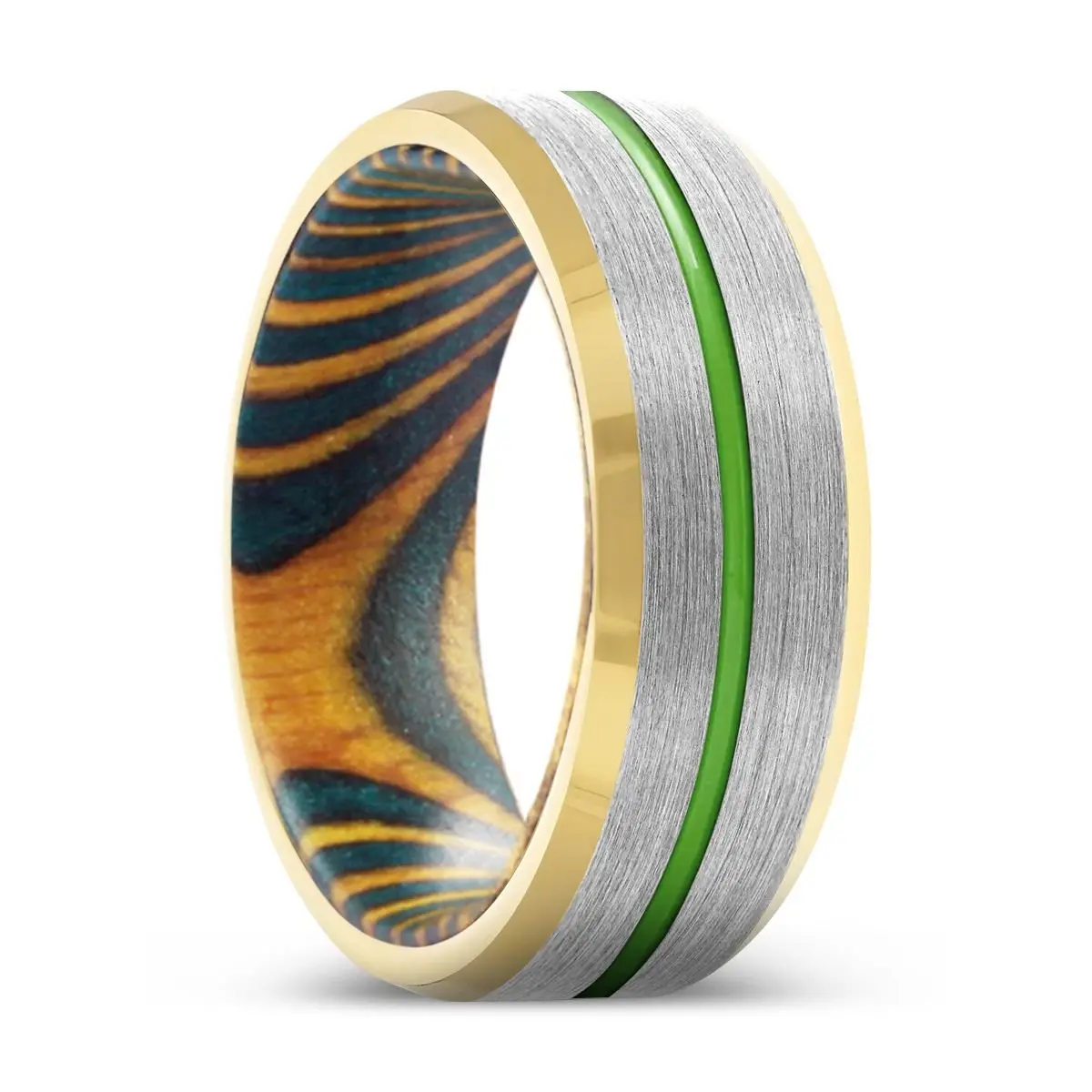 Jaybird | Green And Yellow Wood, Silver Tungsten Ring, Green Groove, Gold Beveled Edge 1