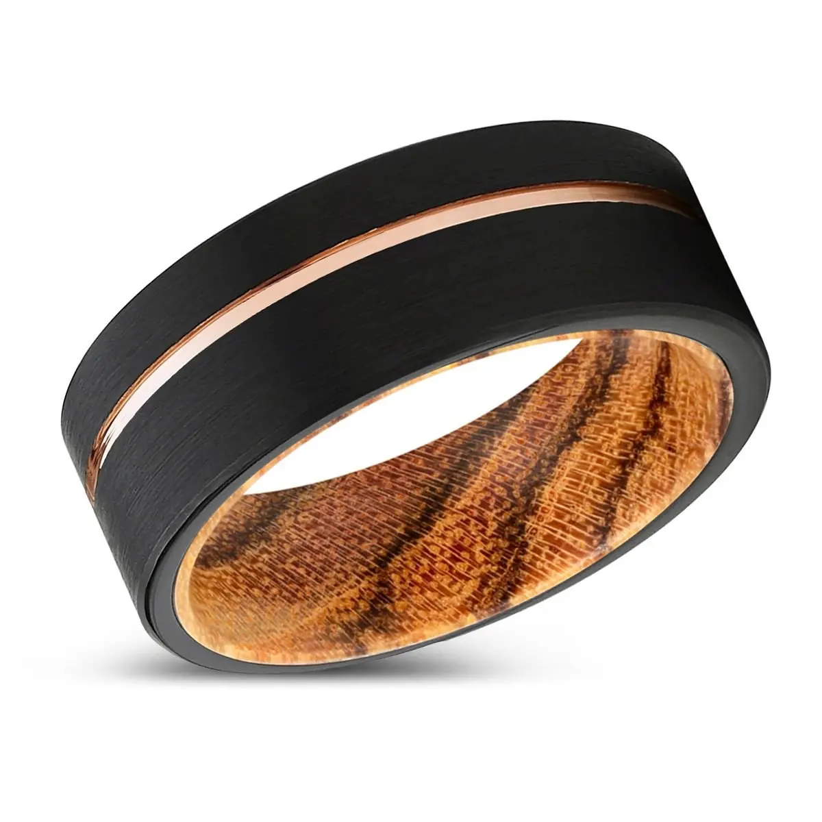 Jester | Bocote Wood, Black Tungsten Ring, Rose Gold Offset Groove, Brushed, Flat 2